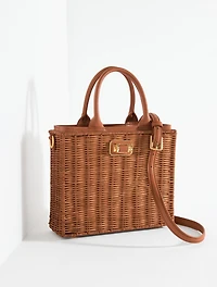 Wicker Leather Trim Top Handle Tote
