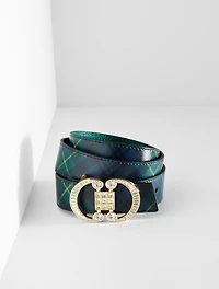 Crystal Embellished Reversible Pebble Leather Belt