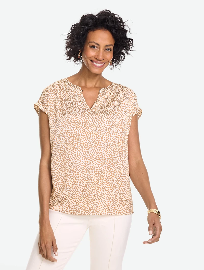 Soft Satin Charmeuse Split Neck Top - Mini Leopard