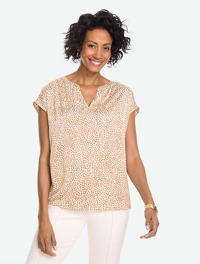 Soft Satin Charmeuse Split Neck Top - Mini Leopard