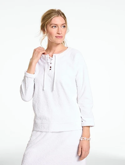 Floral Jacquard Terry Lace-Up Pullover