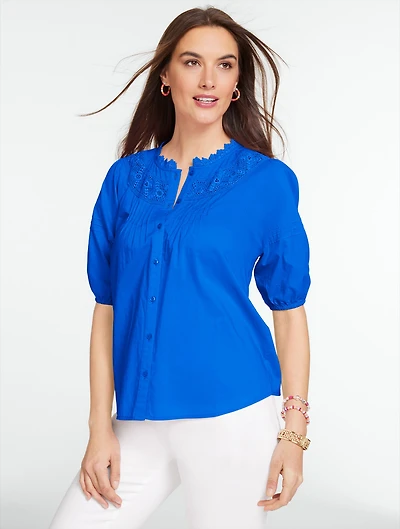 Lace Trim Button Front Voile  Top