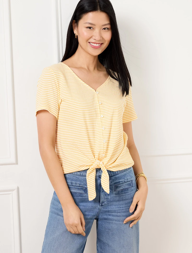 Textured Tie Front Top - Azalea Stripe
