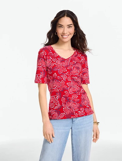 Elbow Sleeve V-Neck Tee - Capri Rose