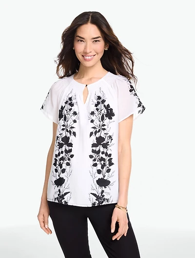 Smocked Short Sleeve Top - Shadow Botanical