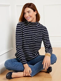 Button Mockneck Pullover - Marin Stripe