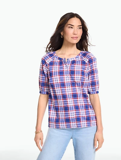 Band Collar Button Front Top - Breezy Plaid