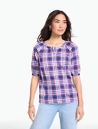 Band Collar Button Front Top - Breezy Plaid
