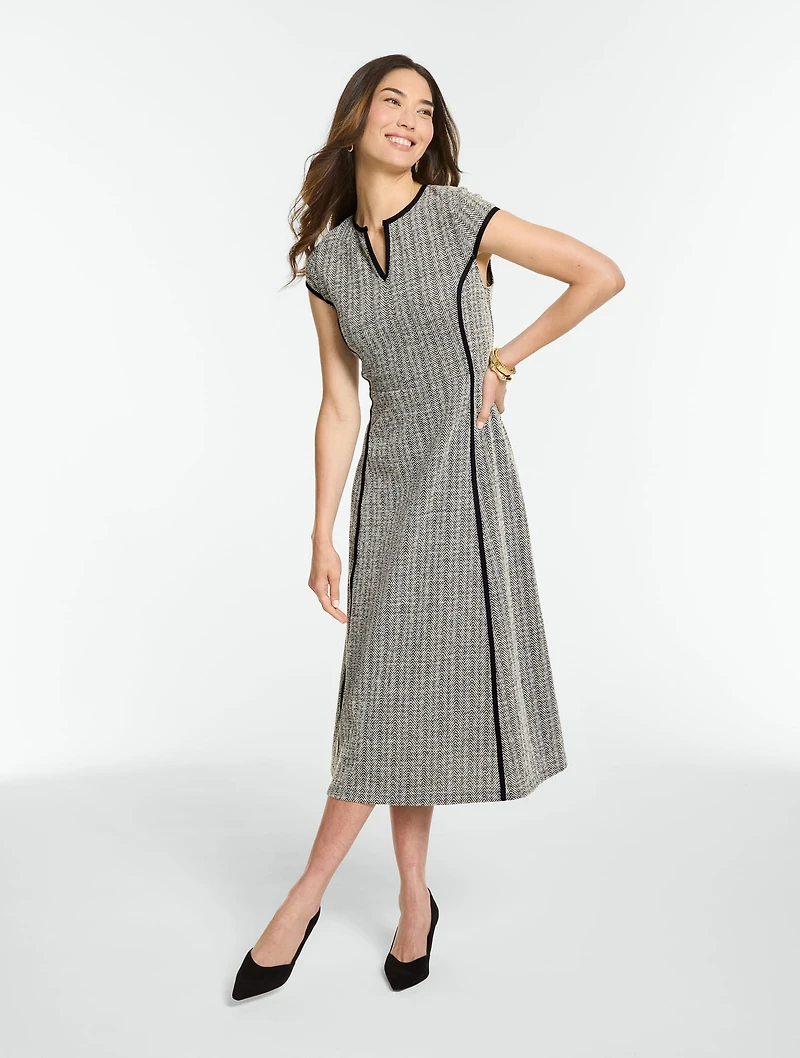 Herringbone Fit & Flare Midi Dress - Tipped