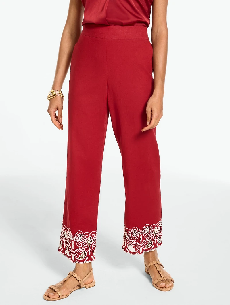 Linen Blend Embroidered Straight Ankle Pull-On Pants