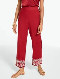Linen Blend Embroidered Straight Ankle Pull-On Pants
