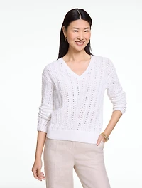 Chevron Pointelle V-Neck Pullover