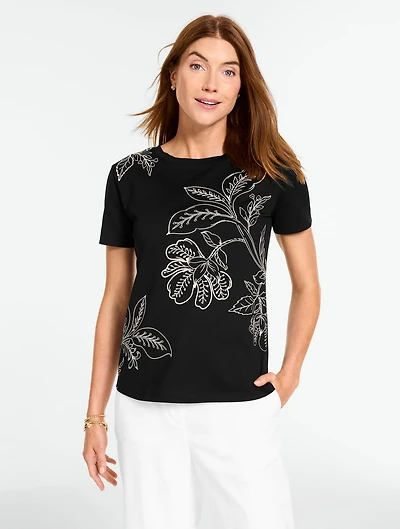 Short Sleeve Crewneck Tee - Embellished Blissful Leaves