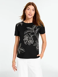 Short Sleeve Crewneck Tee - Embellished Blissful Leaves