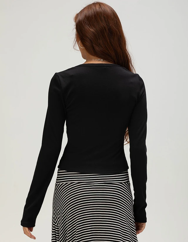 TRUE RELIGION Printed Womens Long Sleeve Rib Henley Top - BLACK