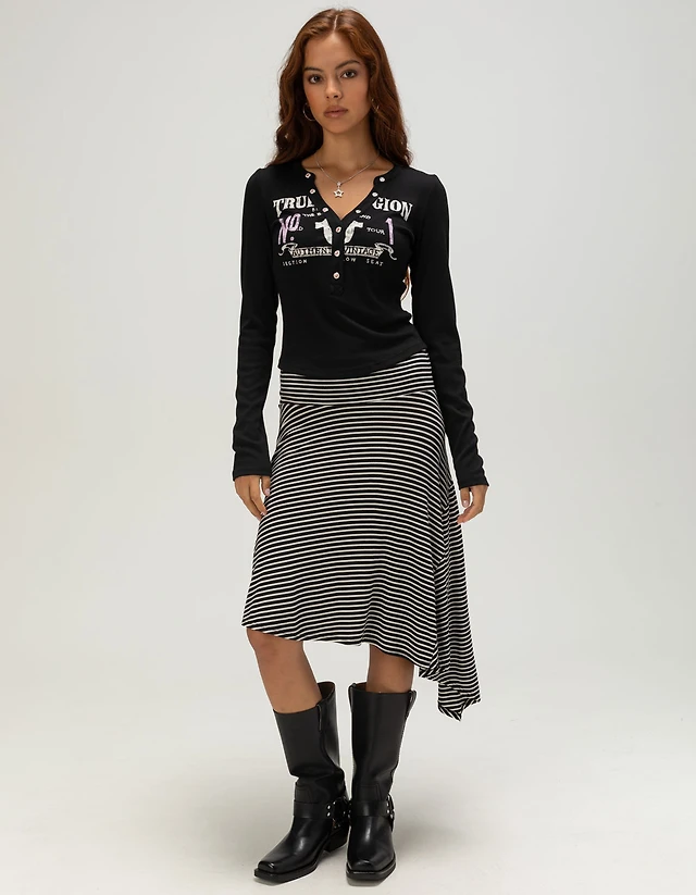 TRUE RELIGION Printed Womens Long Sleeve Rib Henley Top - BLACK