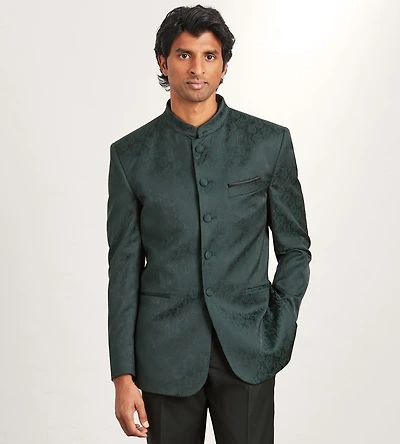 Modern Fit Forest Green Jacquard Nehru Suit Jacket