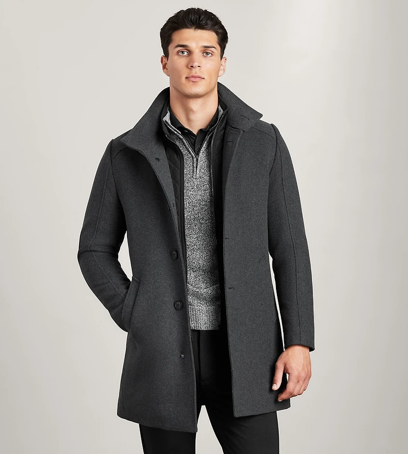 Slim Fit Funnel Collar Wool Coat