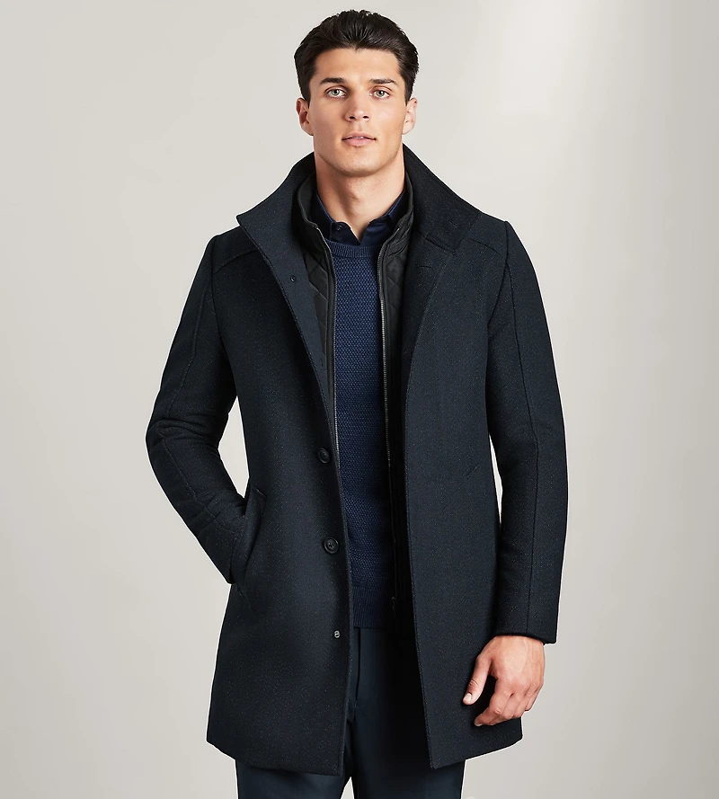 Slim Fit Funnel Collar Donegal Wool Coat