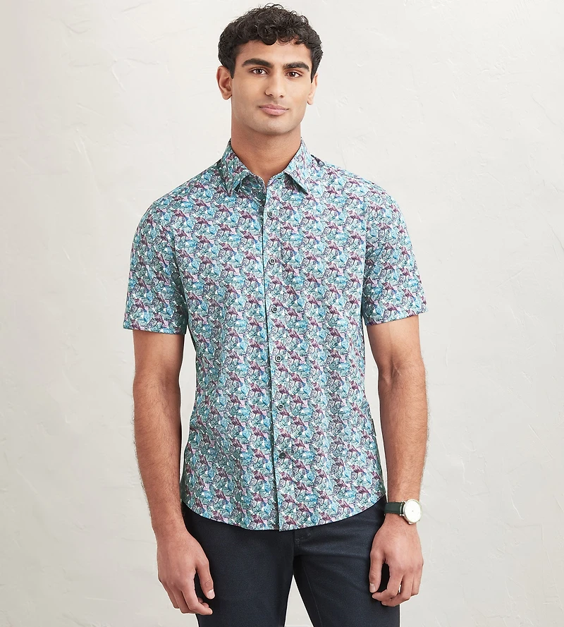 Modern Fit Short Sleeve Leaf Pattern 360 Stretch Casual Shirt
