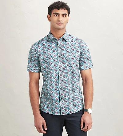 Modern Fit Short Sleeve Leaf Pattern 360 Stretch Casual Shirt