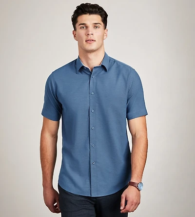 Modern Fit Short Sleeve Soft Touch Stretch Linen Like Casual Shirt
