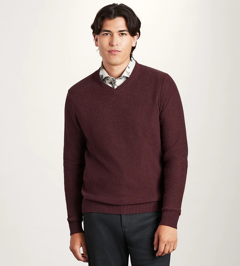 Long Sleeve Cotton Merino Blend V Neck Sweater