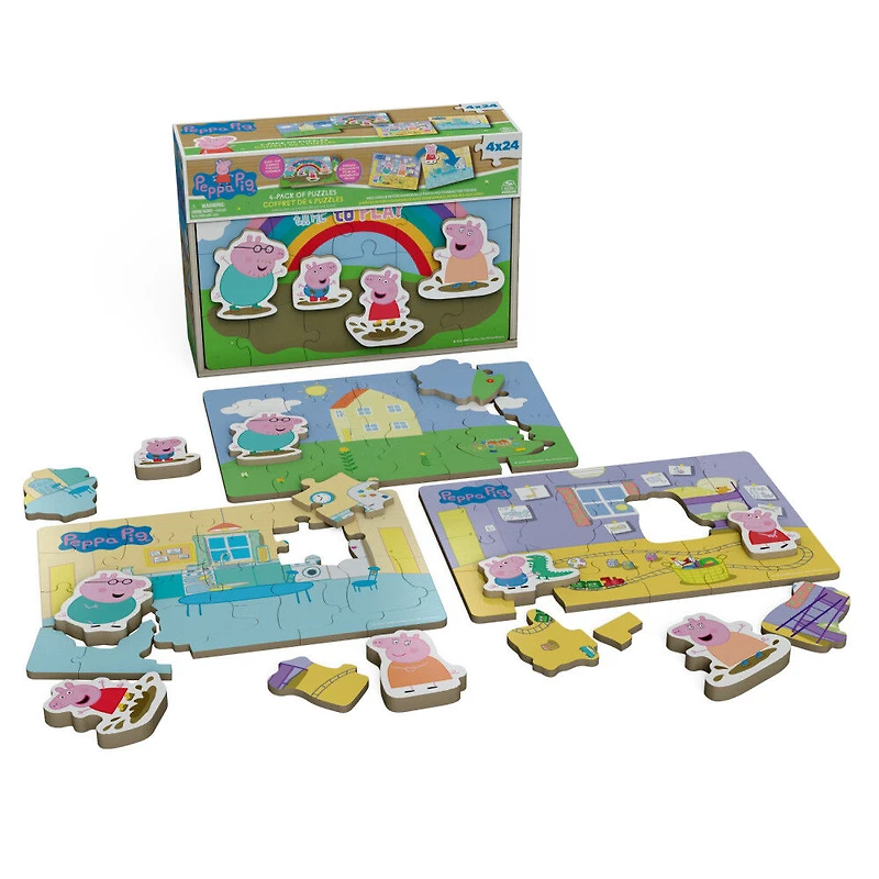 Peppa Pig, 24-Piece Jigsaw Puzzles 4-Pack Bundle with 8 Interchangeable Peppa Pig Character Pieces and Wooden Slide Box