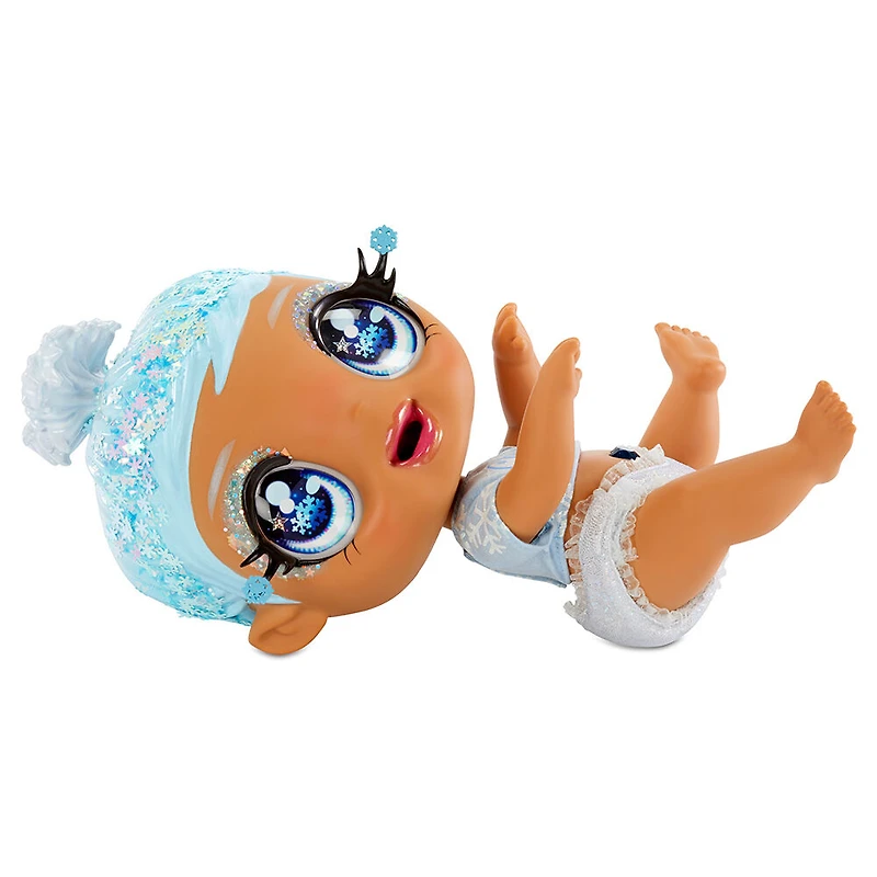 Poupon GLITTER BABYZ January Snowflake avec 3 changements de couleur magiques / poupon aux cheveux bleus avec flocons de neige sur sa tenue et couche réutilisable, biberon et sucette