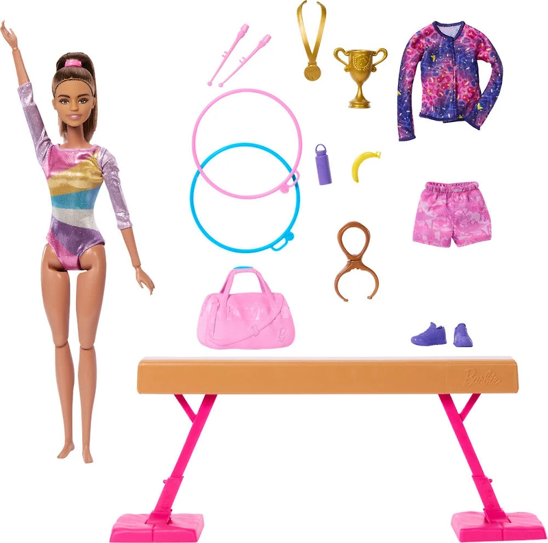 Barbie Coffret de jeu Gymnaste, poupée mode, brunette, 10accessoires