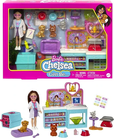 Barbie Chelsea Pet Vet Doll (Brunette) and Playset, 4 Animals, 18 Accessories