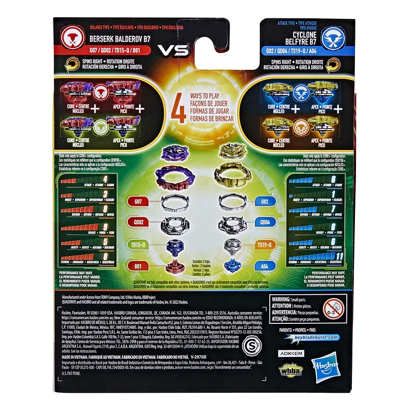 Beyblade Burst QuadDrive, Pack de 2 toupies de compétition Berserk Balderov B7 et Cyclone Belfyre B7