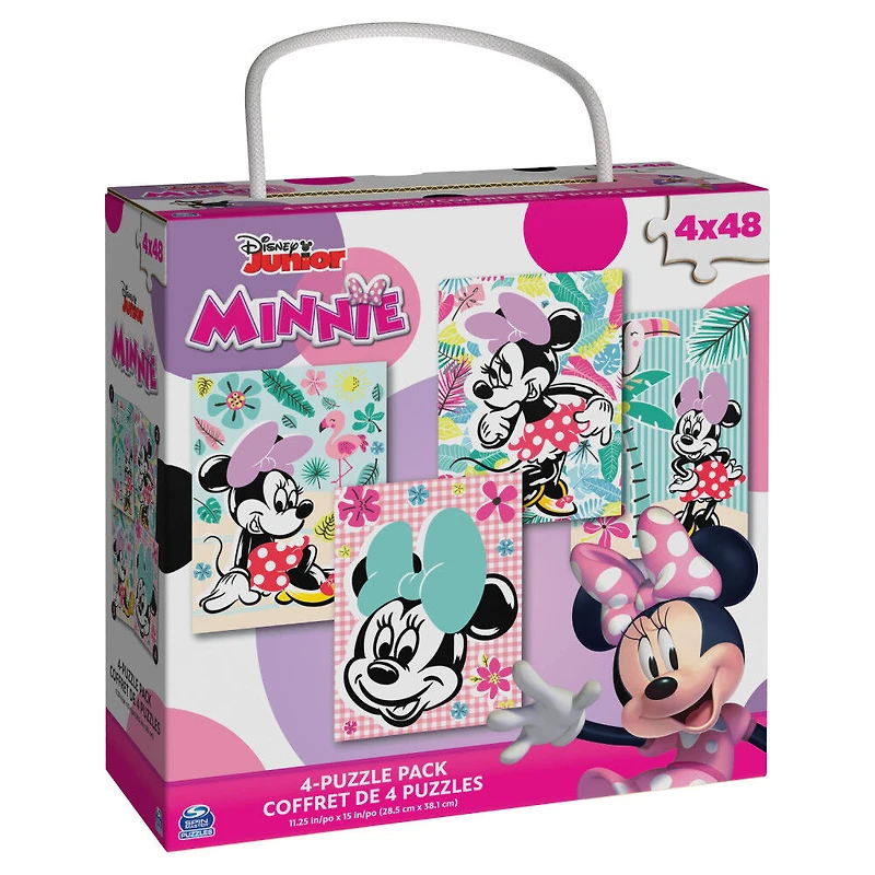 Disney, Minnie Mouse 4 Jigsaw Puzzle Bundle 48 pièces Paysage de plage tropicale avec boîte-cadeau portable en corde, pour les enfants de 4 ans et plus
