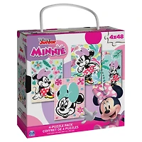 Disney, Minnie Mouse 4 Jigsaw Puzzle Bundle 48 pièces Paysage de plage tropicale avec boîte-cadeau portable en corde, pour les enfants de 4 ans et plus