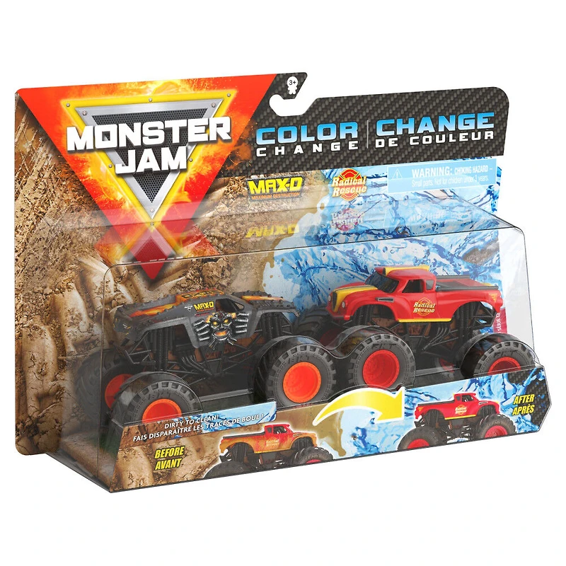 Monster Jam, Coffret de 2 monster trucks officiels en métal moulé Max-D vs Radical Rescue qui changent de couleur, échelle 1:64