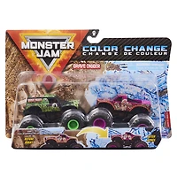 Monster Jam, Coffret de 2 monster trucks officiels en métal moulé Grave Digger vs Calavera qui changent de couleur, échelle 1:64