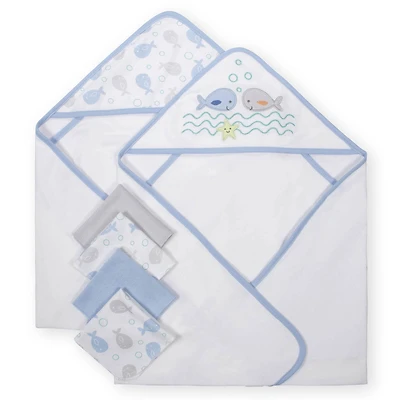 Koala Baby 2-Pack Hooded Towel & 4-Pack Washcoth Set, Blue Whales