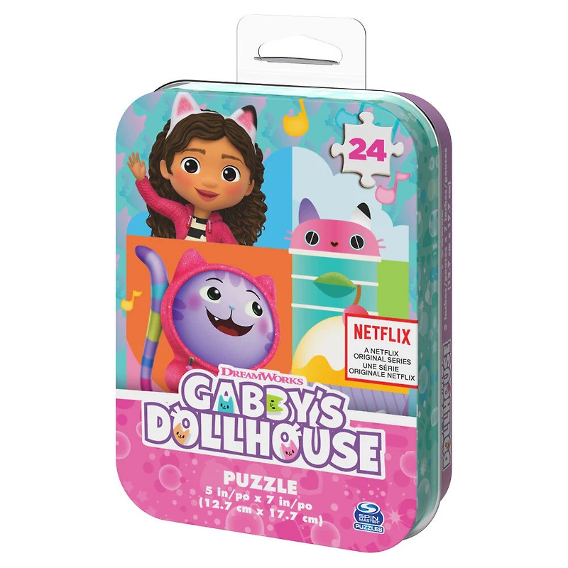Gabby's Dollhouse, Puzzle de 24 pièces, animaux de dessin animé Pandy, Cakey, DJ Catnip, série originale Netflix, avec boîte en métal