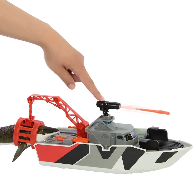 Matchbox Jurassic World Mosasaurus Rescue Action Boat Playset with Ship, Dino, Toy Car & Missiles