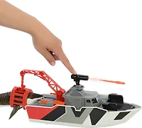 Matchbox Jurassic World Mosasaurus Rescue Action Boat Playset with Ship, Dino, Toy Car & Missiles