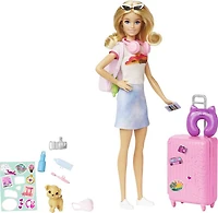 Barbie Doll and Accessories, "Malibu" Travel Set with Puppy and 10+ Pieces Including Working Suitcase