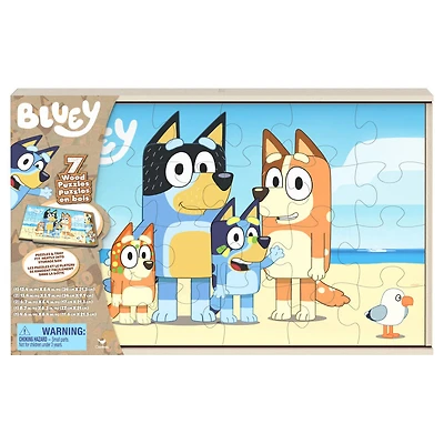 Bluey Jigsaw Puzzles for Kids, Set of 7 Wood Puzzles with Storage Box