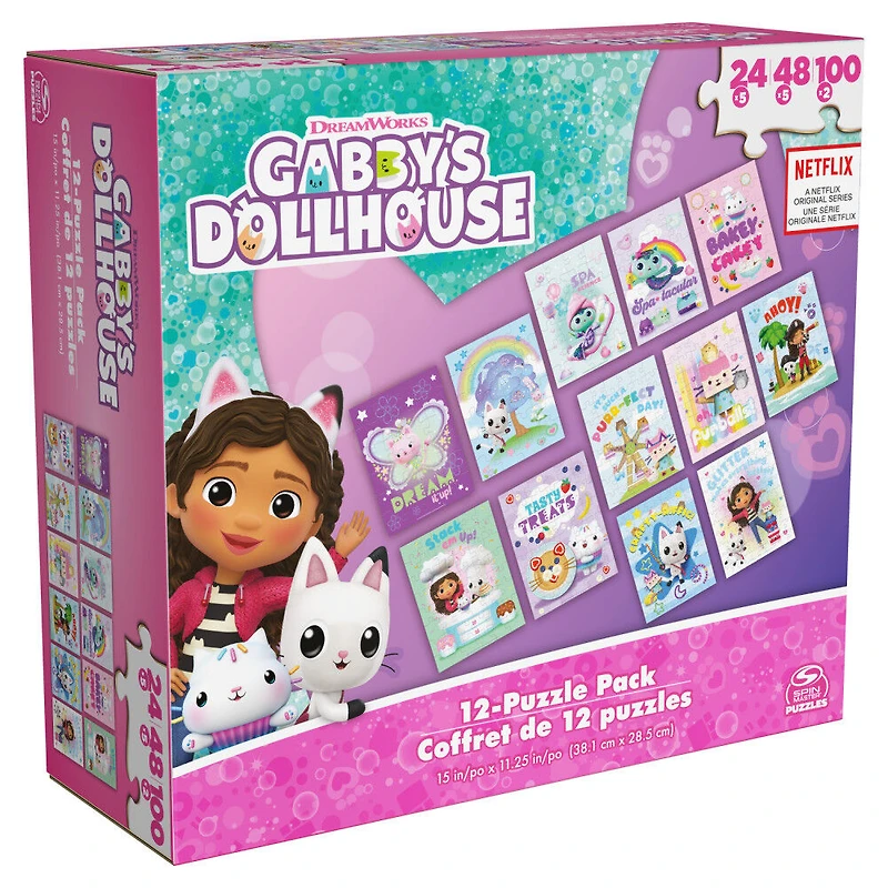 Gabby's Dollhouse, Coffret de 12 puzzles de 24 pièces, 48 pièces et 100 pièces