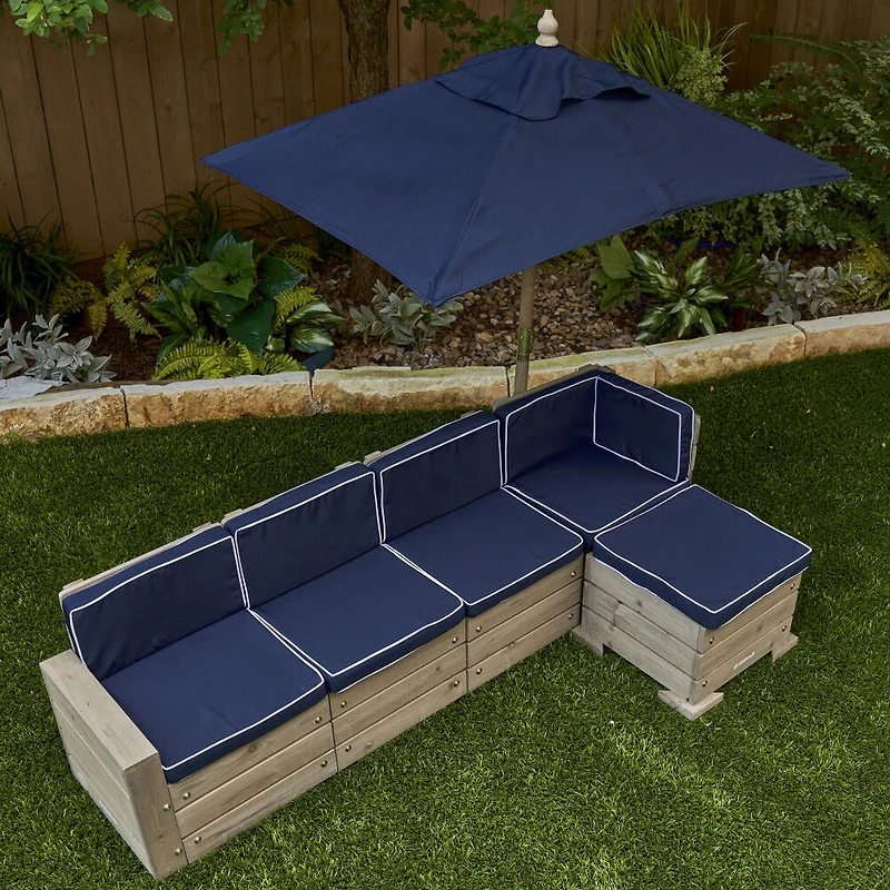KidKraft - Ensemble modulaire extérieur en bois avec pouf, parasol et coussins, mobilier de patio pour enfants, gris bois de grange et marine