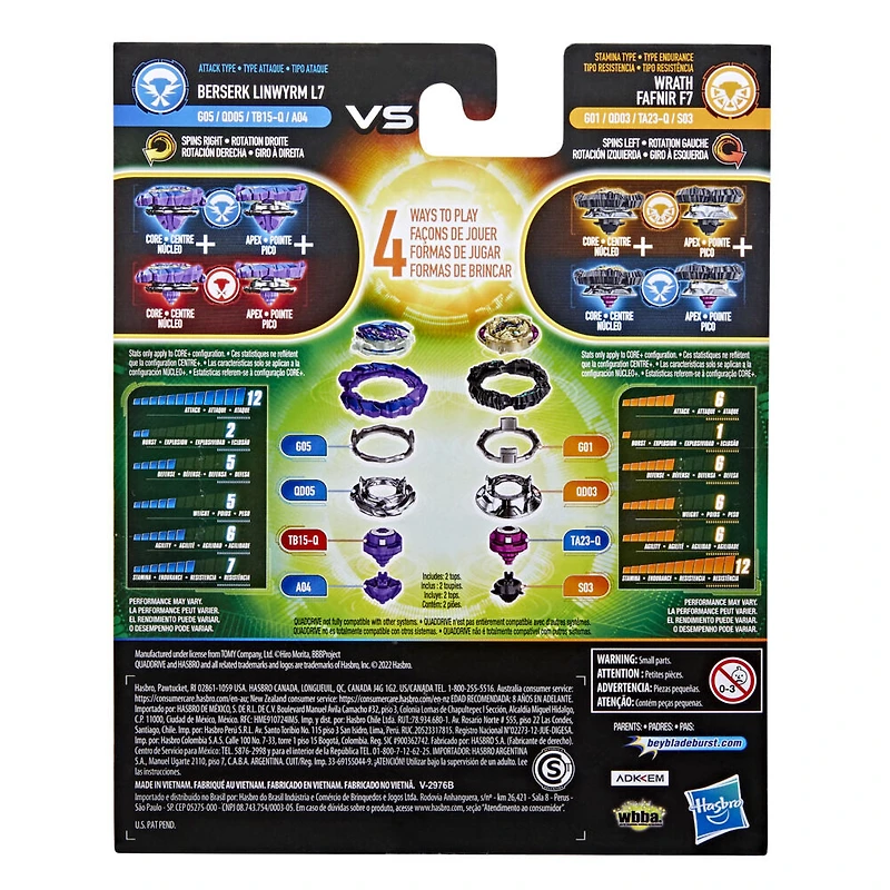 Beyblade Burst QuadDrive, Pack de 2 toupies de compétition Wrath Fafnir F7 et Berserk Linwyrm L7
