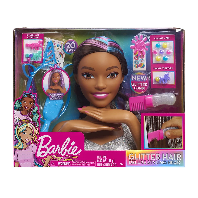 Tête de Coiffure "Paillettes et C'est Parti" Barbie De Luxe à 20 Eléments - Cheveux Bruns