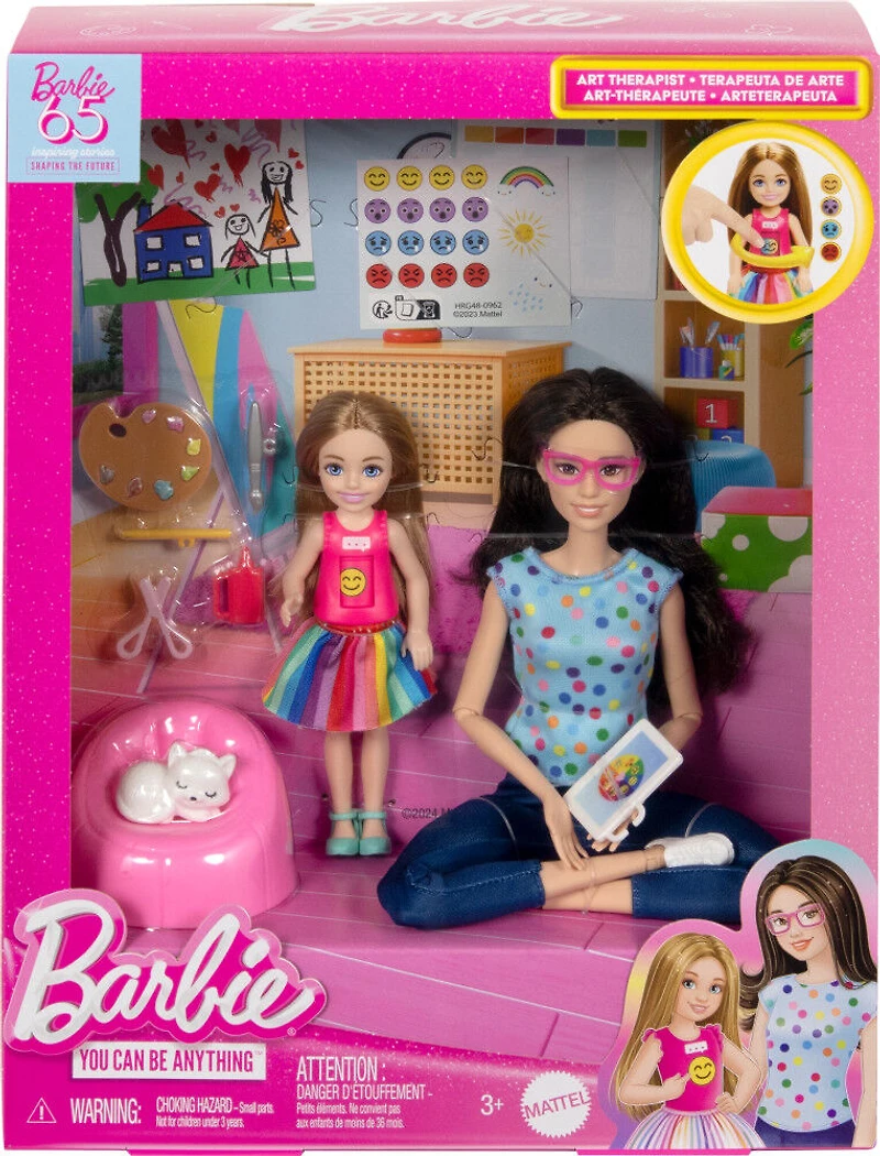 Barbie Art Therapy Playset with 2 Dolls, Pet & Accessories, Shirt on Small Doll Rotates Emoji
