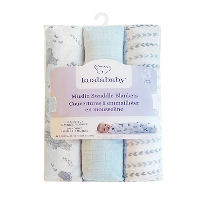 Koala Baby - 3 Pk Muslin Swaddle - Blue Dinos