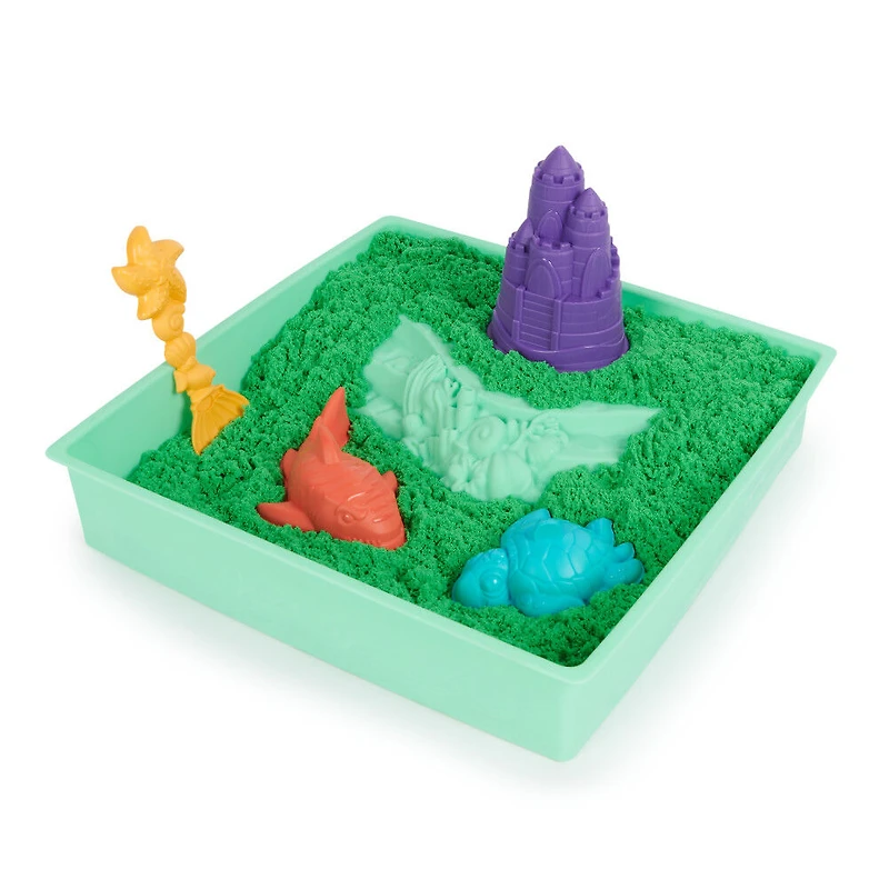 Kinetic Sand, Coffret Bac à sable, 454 g de sable vert, bac à sable, 4 moules et outils, jouets sensoriels
