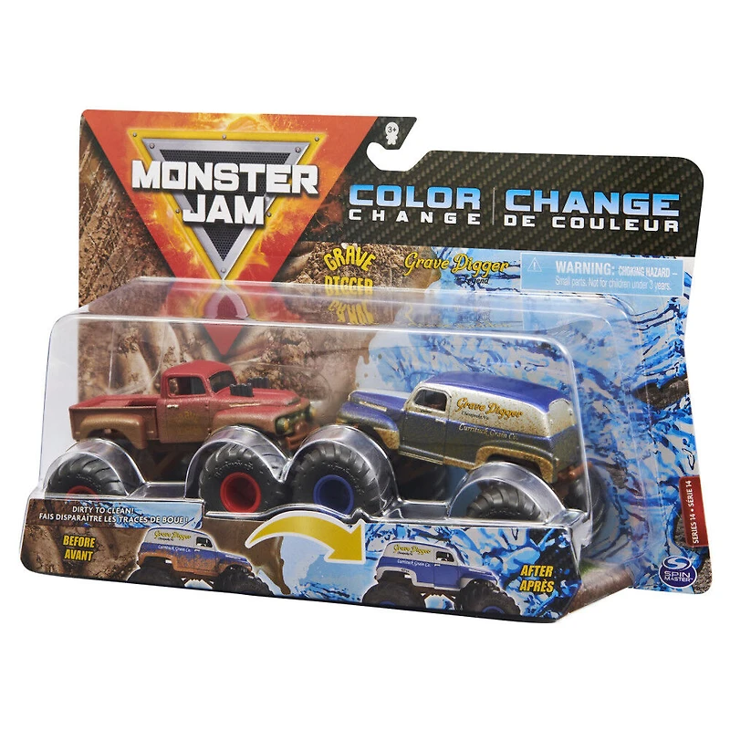 Monster Jam, Coffret de 2 monster trucks officiels en métal moulé Grave Digger vs Grave Digger The Legend qui changent de couleur, échelle 1:64